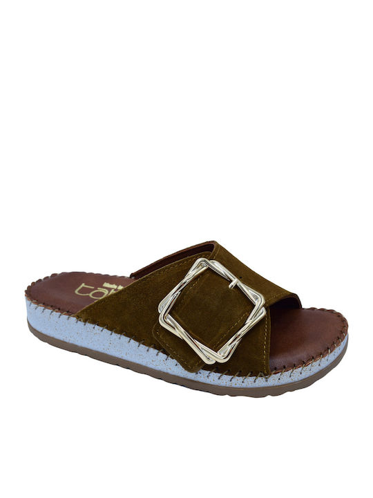 Leather Women's Flat Sandals Tabac Brown
