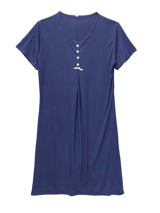Ansin Καλοκαιρινό Βαμβακερό Γυναικείο Νυχτικό Μπλε