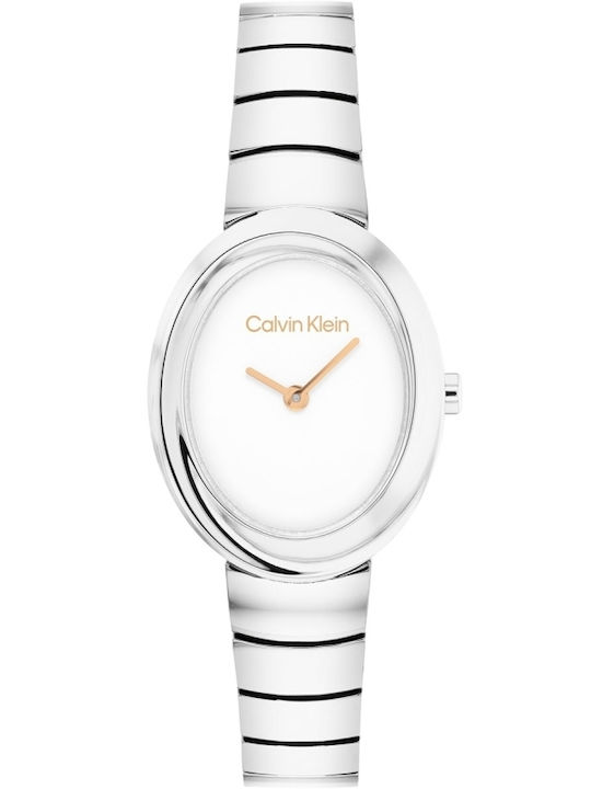Calvin Klein Twisted Bezel Womens Watch 24mm Battery with Silver Metal Bracelet