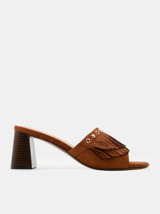 Suede Mules With Low Heel In Brown Colour