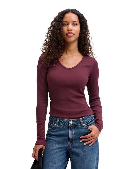 Jack & Jones Women's Cotton Long Sleeve Blouse with V-Neck Burgundy