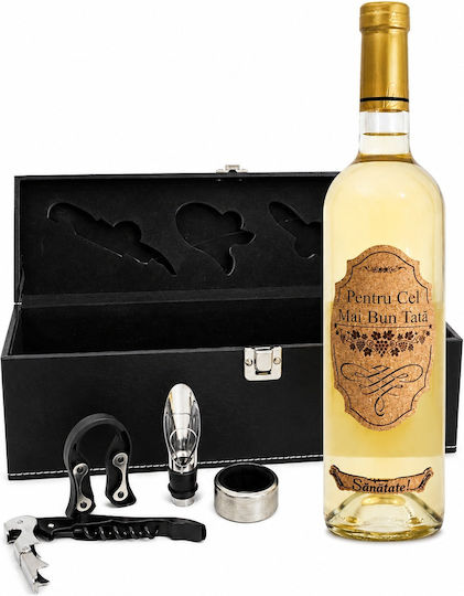 Set Premium Vin "Best Dad" Casetă Din Piele Ecologică 4 Accesorii Somelier Vin Alb Personalizat