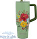Nava "we Care" Handled Tumbler Thermos Stainless Steel / Plastic 900ml Green Floral with Straw and Handle