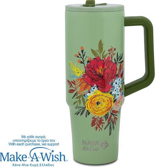 Nava "we Care" Handled Tumbler Thermos Stainless Steel / Plastic 900ml Green Floral with Straw and Handle