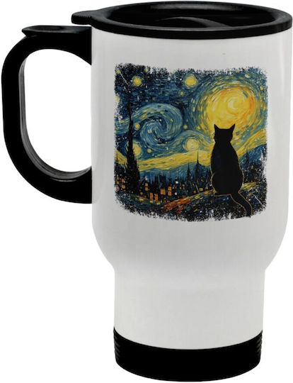Koupakoupa Starry Night Cat Stainless Steel Thermos Bottle 450ml White with Handle and Straw