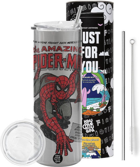Koupakoupa Spiderman The Amazing Handled Thermos Stainless Steel BPA Free 600ml Silver with Straw and Handle