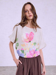 Celestino Women's Linen Blouse Floral Print Loose Fit Beige