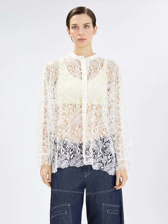 Langärmeliges Damen Denim Hemd Weiß Blumen