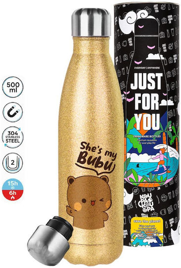 Koupakoupa She's My Bubu Stainless Steel Thermos Bottle 500ml Glitter Gold with Straw
