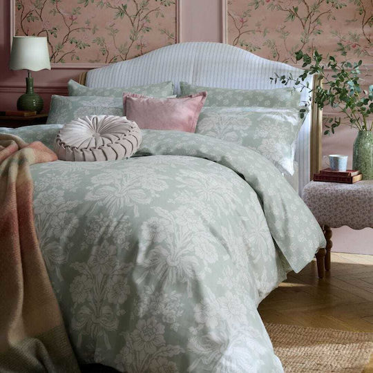 Laura Ashley Set Duvet Cover Cotton Satin 230x220cm Super King with 2 Pillowcases Tatton Duck Egg Green