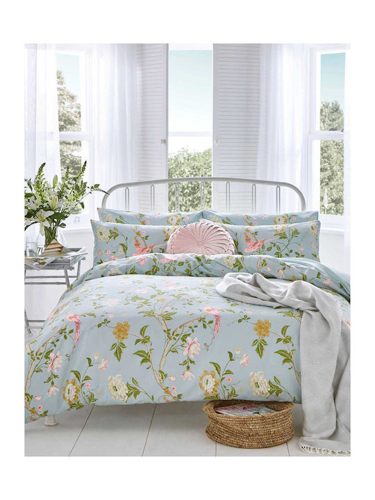 Laura Ashley Set Bettbezug Baumwolle 240x220cm Übergröße mit 2 Kissenbezügen Duck Egg