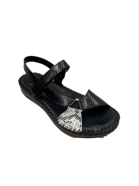 Leder Flache Damen Sandalen Schwarz