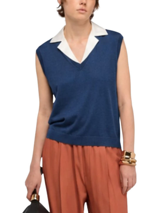 Winter Women's Sleeveless Fleece Blouse Blue White