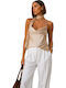 Women's Satin Drape Blouse with Beige Spaghetti Straps