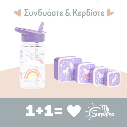 A Little Lovely Company Unicorn Dreams Παιδικό Σετ Παγούρι από Πλαστικό Tritan Μονόκεροι Μωβ