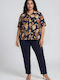 Women's Fabric Trousers with Rubber Band in Straight Leg Style Dark Blue