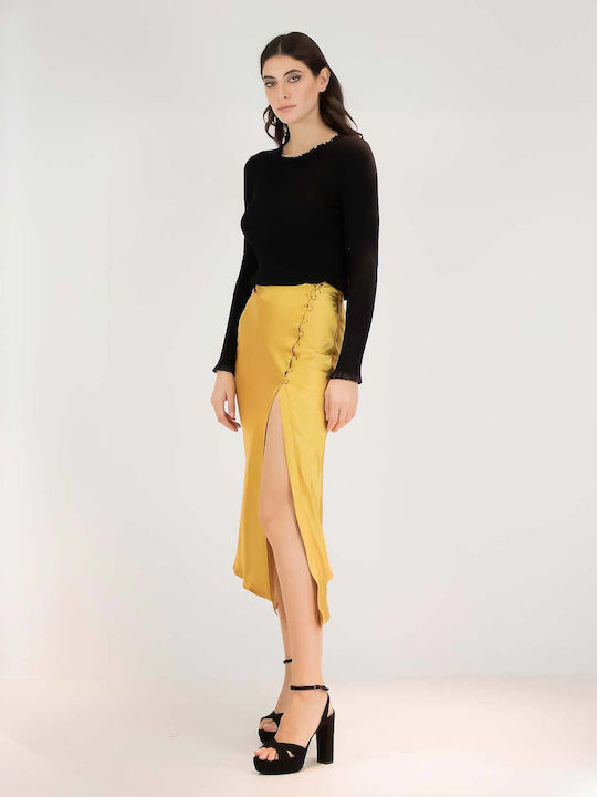 Saten Hohe Taille Midi Damenrock Gold