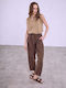 Celestino Women's Linen Plain Dark Brown Trousers