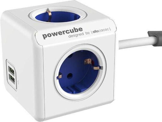 DesignNest PowerCube Cu 4 Prize cu 2 USB-A și Cablu de 1.5m Albastru