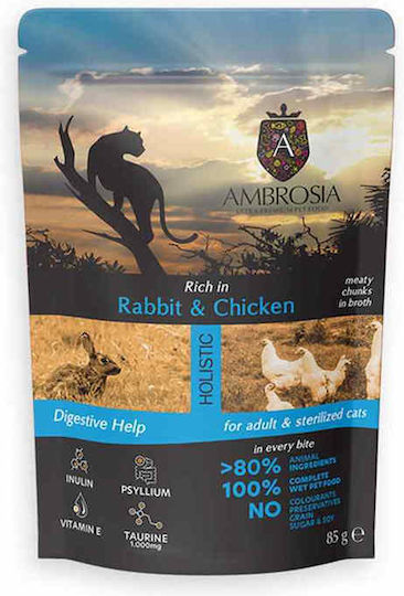 Ambrosia Wet Cat Food for Adult Cats in Pouch with Rabbit, Chicken and Meat 85gr