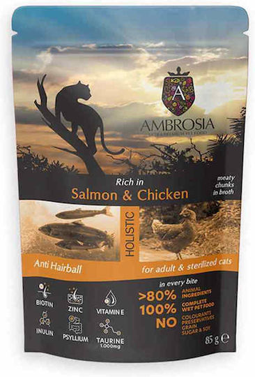 Ambrosia Nasses Katzenfutter für Erwachsene Katzen in Beutel mit Lachs und Huhn 85g