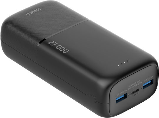 Deltaco PB-C1011 Power Bank 27000mAh 22.5W With 2 USB-A Output Ports And USB-C Output Port Power Delivery Black