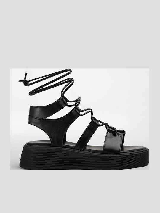 Leather Women's Flat Sandals Gladiator Flatforms Black