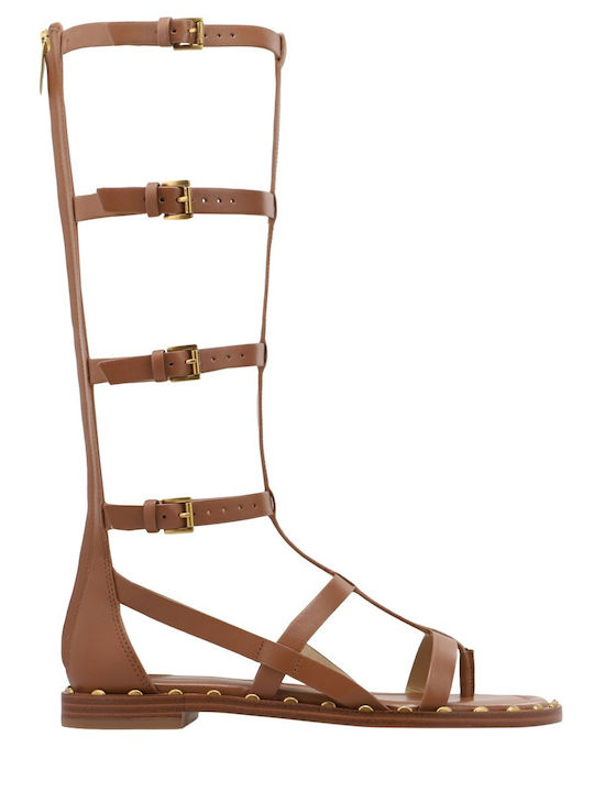 Leather Women's Flat Sandals Tabac Brown