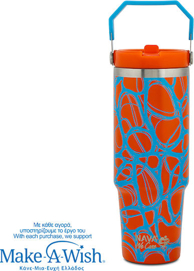 Nava We Care Becher mit Griff Thermosflasche Rostfreier Stahl 900ml Blau Print mit Stroh und Handgriff