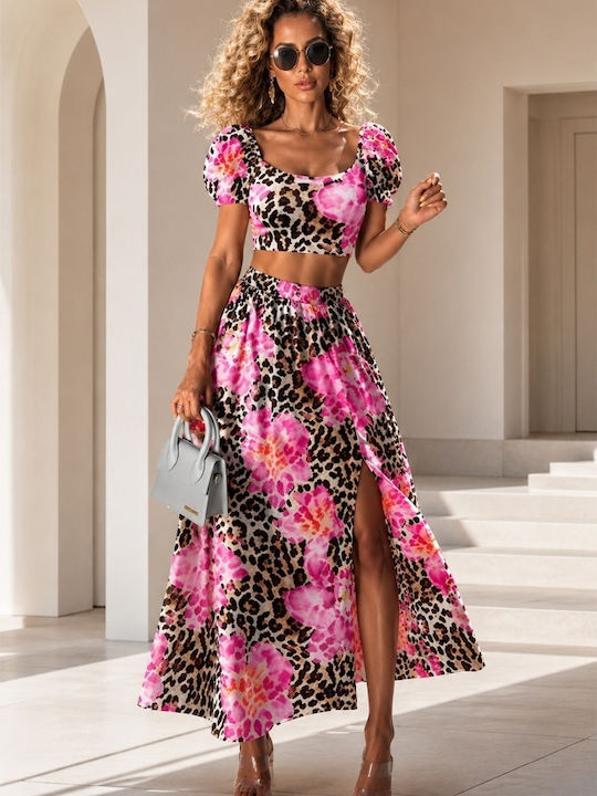 Σετ με Ψηλόμεση Maxi Φούστα Πουά Fuchsia