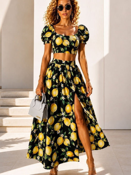 Set Mit Hohe Taille Maxi Rock Polka Dot Gelb