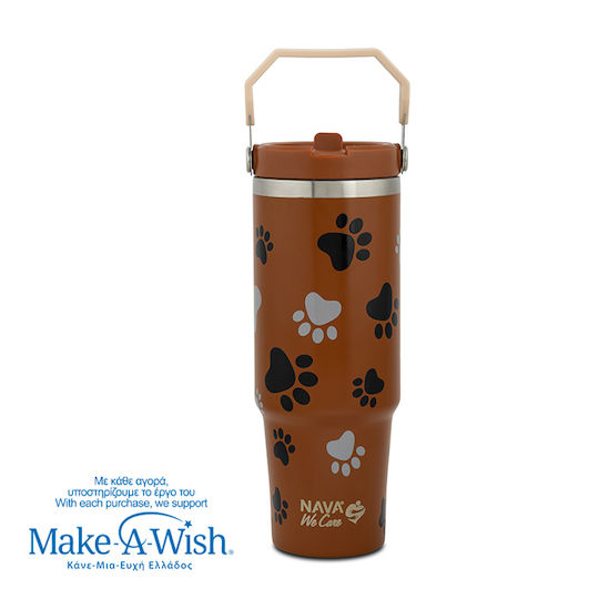 Nava "we Care" Handled Tumbler Thermos Stainless Steel 900ml Paw Prints with Straw and Handle