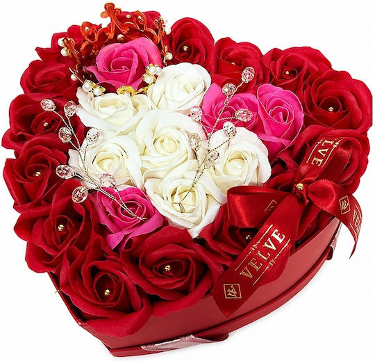 Royal Floral Arrangement 25 Soap Roses Golden Royal Crown Luxury Accessories In A Heart-shaped Box Red-pink-white