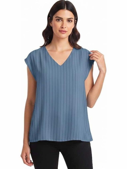 Women's Blouse with V-Neck Striped Blue