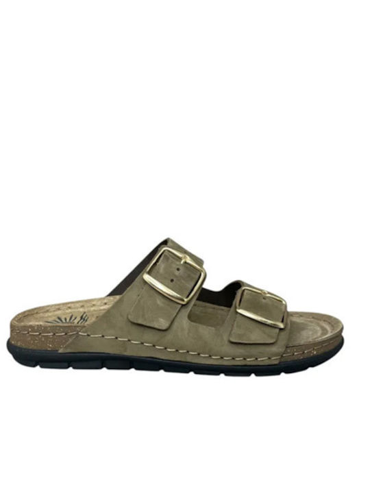 Leather Women's Flat Sandals Green