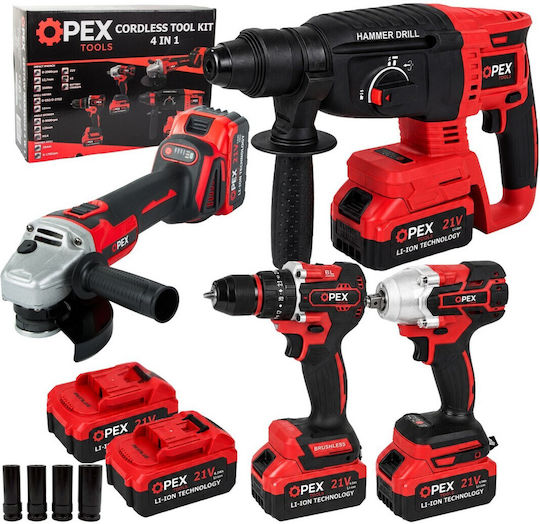 Erem OPX28007 Angle Grinder, Drill Driver, Impact Driver & Hammer Brushless 21V with 2 Batteries 3Ah and Case