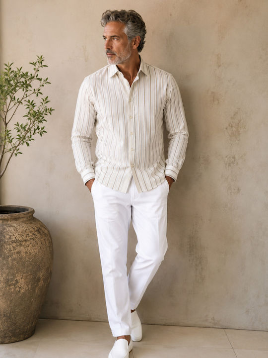 Long Sleeve Shirt in Narrow Fit Striped Ecru