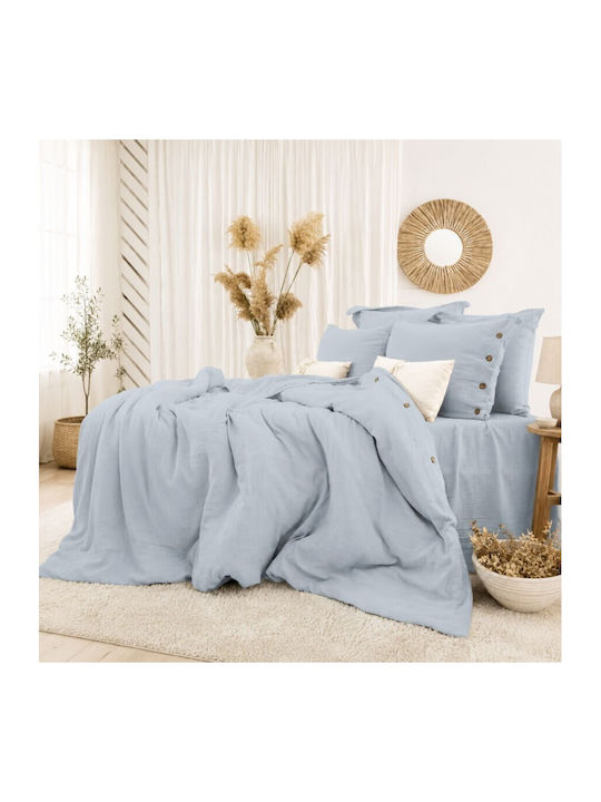 Şaheser Set Huse Pentru Pilote 100% Bumbac 200x220cm Dublă Cu 4 Fețe De Pernă & 1 Cearșaf Albastru Deschis
