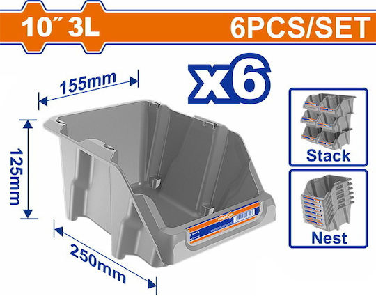 Wadfow Set of 6 Plastic Stackable Tool Bin Organisers W25xL15.5xH12.5cm