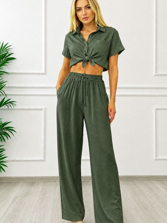 Pantaloni Dama Palazzo Cu Talie Înaltă Fit Verde