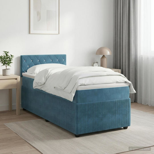 Einzelbett Mit Samt Dunkelblau Mit Lattenrost & Matratze 90x200cm