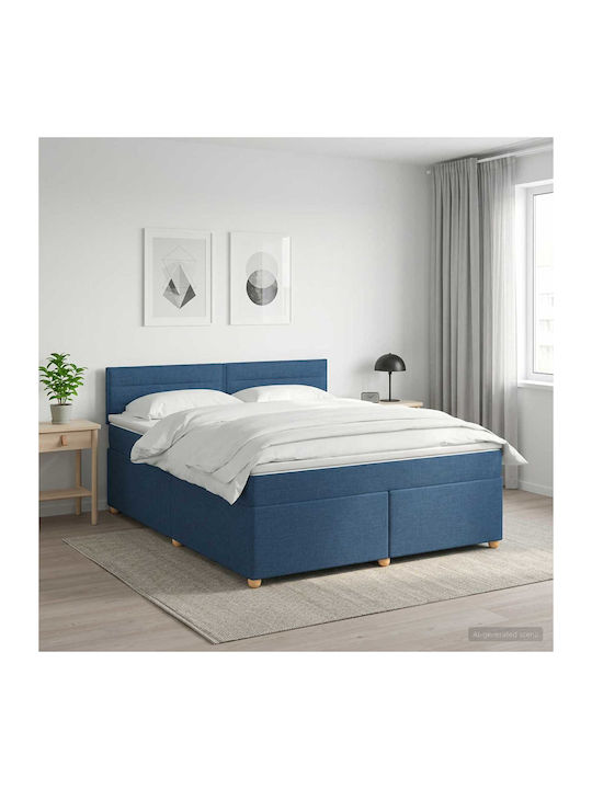 King Size Upholstered Fabric Bed Blue with Slat...