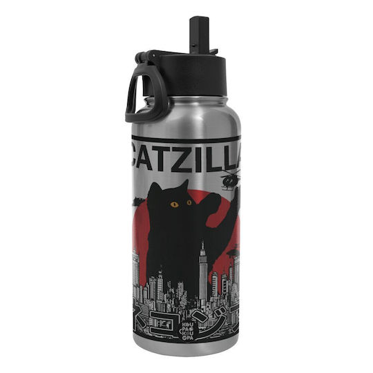 Koupakoupa Catzilla Μπουκάλι Θερμός Ανοξείδωτο / Πλαστικό BPA Free 950ml Silver με Καλαμάκι και Λαβή