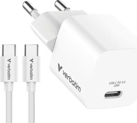 Verbatim Încărcător GaN cu Port USB-C și Cablu USB-C - USB-C 20W Alb (Mini)
