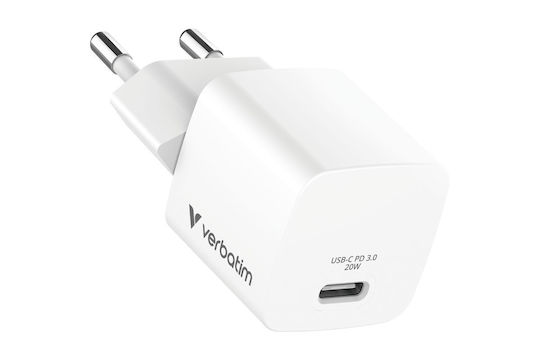 Verbatim GaN Charger with USB-C Port and USB-C - USB-C Cable 20W Power Delivery White Mini