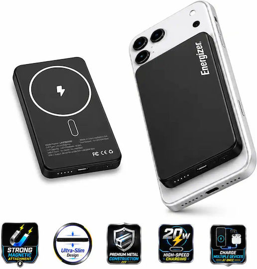 Energizer MagSafe Qi2 Power Bank 5000mAh 20W mit USB-C Ausgangsanschlüsse Power Delivery Schwarz