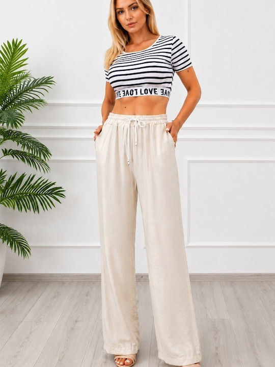 Pantaloni Dama Palazzo High Rise Fit Bej