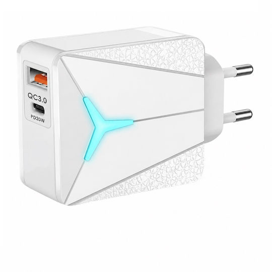 Andowl Încărcător Fără Cablu cu Port USB-A și Port USB-C 20W Alb (14889)