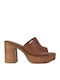 Leather Mules with Chunky High Heel in Tabac Brown Color