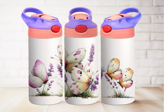 Stainless Steel Cap Kids Water Bottle Butterflies Thermos with Straw Purple 360ml